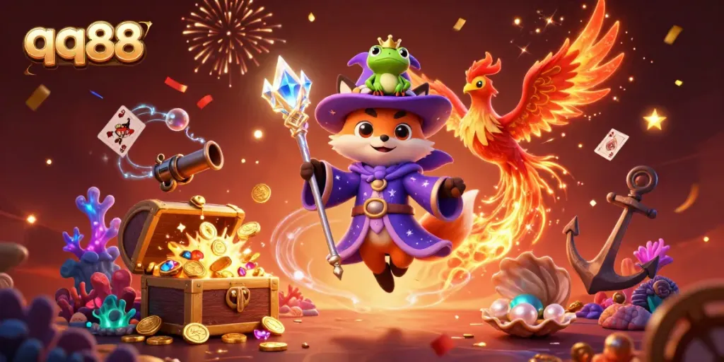 Join the excitement at qq88, a colorful fantasy casino scene with wizard characters, treasure, and dynamic gameplay elements.
