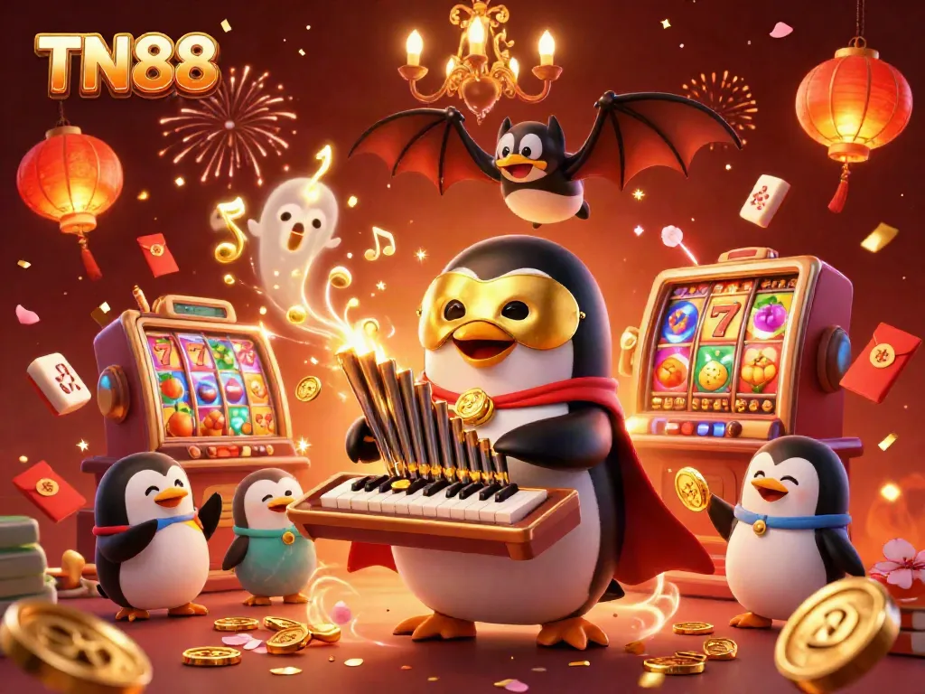 Engage with TN88 at a thrilling casino scene filled with colorful slot reels and festive elements.