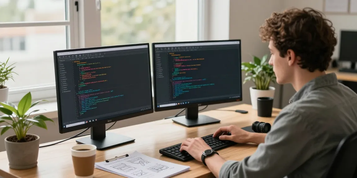 Neil Lock coding at dual monitors in a modern tech office, showcasing his innovative approach.