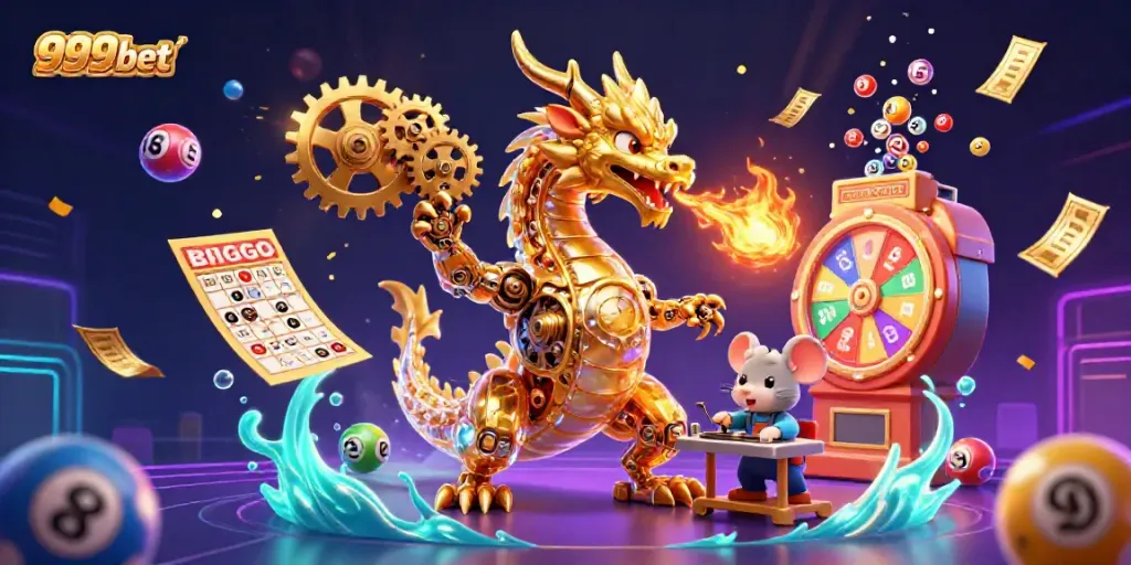 Engage with 999bet through a vibrant 3D casino scene featuring a dragon and lottery elements