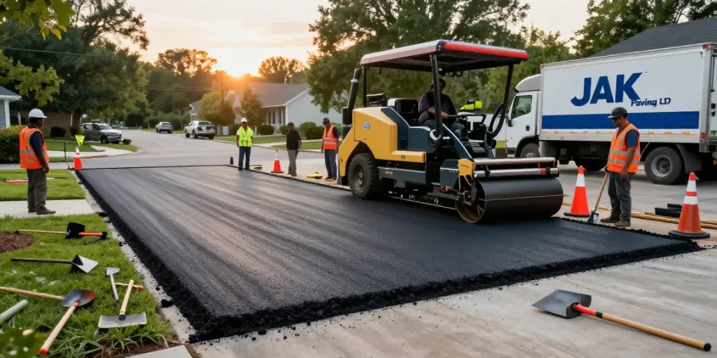 Professional asphalt paving by JAK Paving LTD at a residential site with heavy machinery and skilled workers.