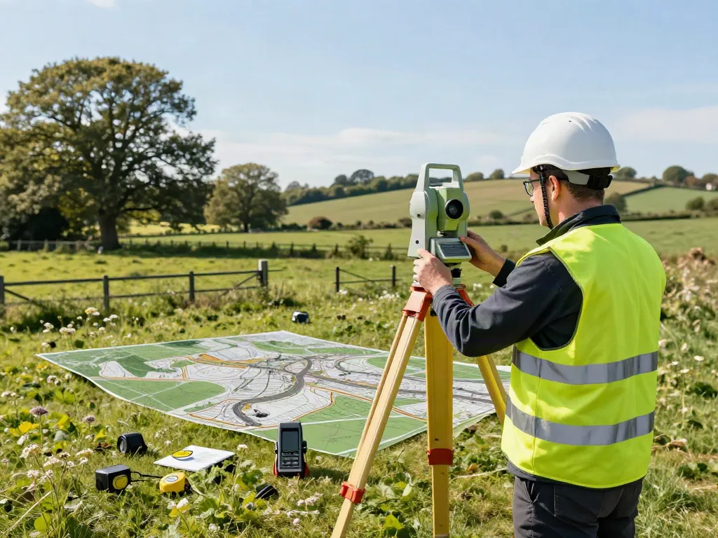 Topographical Survey Surrey with a surveyor using advanced equipment in a green landscape
