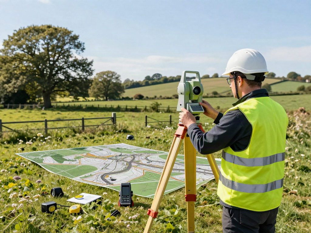 Topographical Survey Surrey with a surveyor using advanced equipment in a green landscape