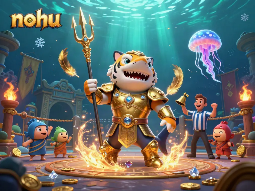 Nohu engaging in a thrilling underwater battle scene with golden armor, celebrating the essence of casino excitement.
