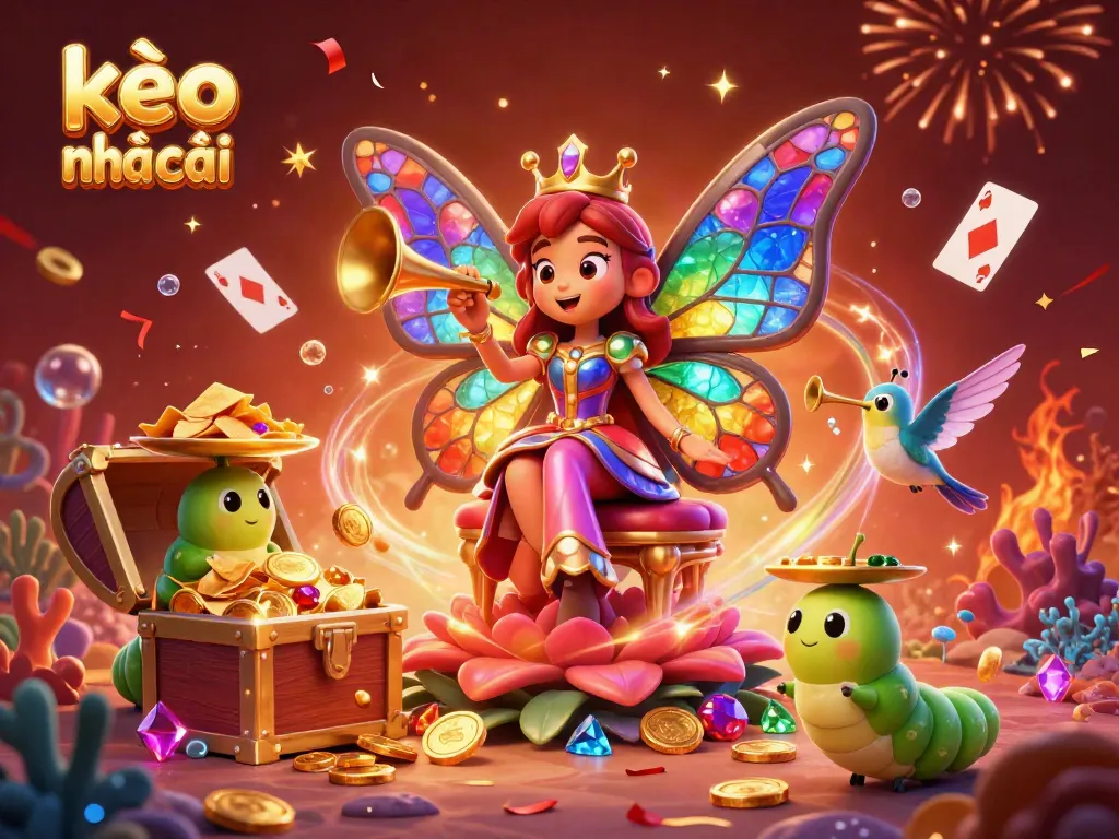 Experience the excitement of kèo nhà cái as a colorful butterfly queen presides over a festive casino scene full of treasures and fireworks.