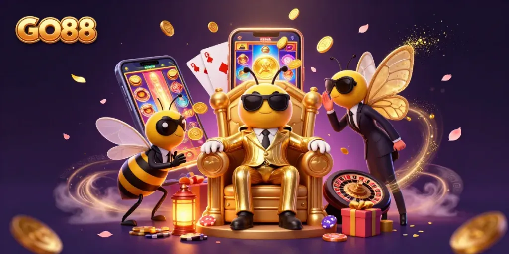 Spin vibrant GO88 slots as a bumblebee mob boss reigns in a magical casino