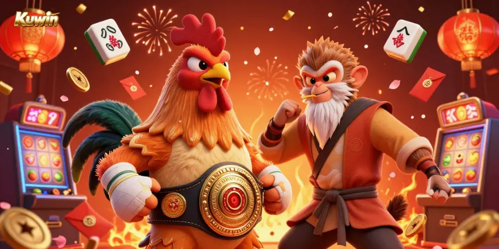 Kuwin's dynamic 3D casino scene showcasing a fierce rooster, Shaolin monkey, and wise crane amidst lively gambling elements.