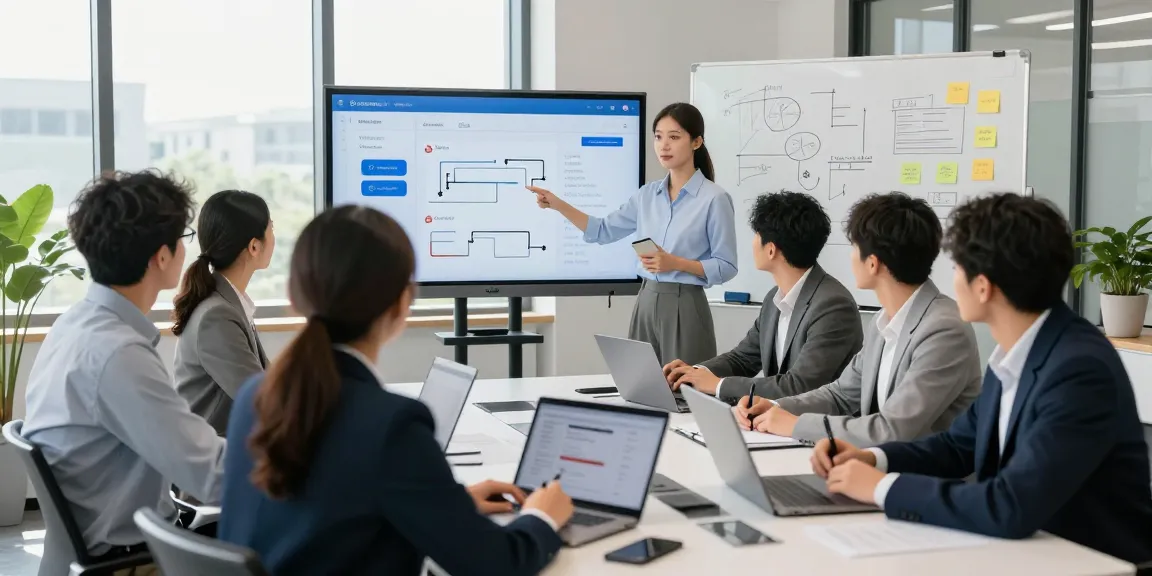 Team discussing strategies for an online payment gateway in a modern office setting, showcasing analytics and collaboration.