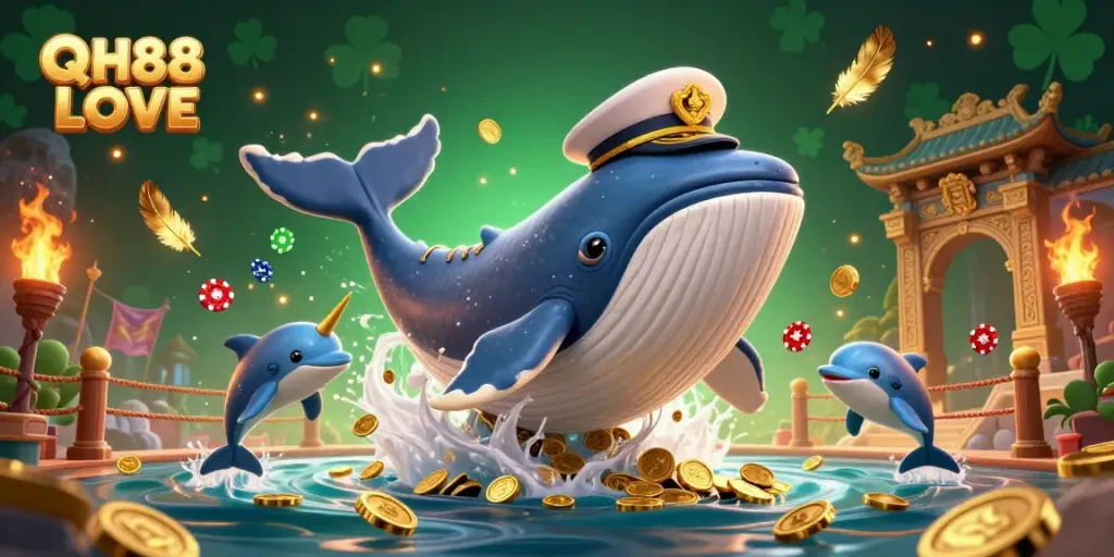 Experience thrilling moments with QH88 LOVE as playful dolphins flip poker chips and a whale captures golden coins.