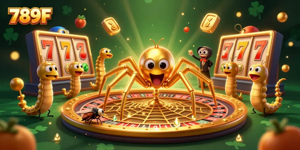 Engage in thrilling roulette action with 789F as a golden spider spins a jackpots web in a vibrant casino scene.