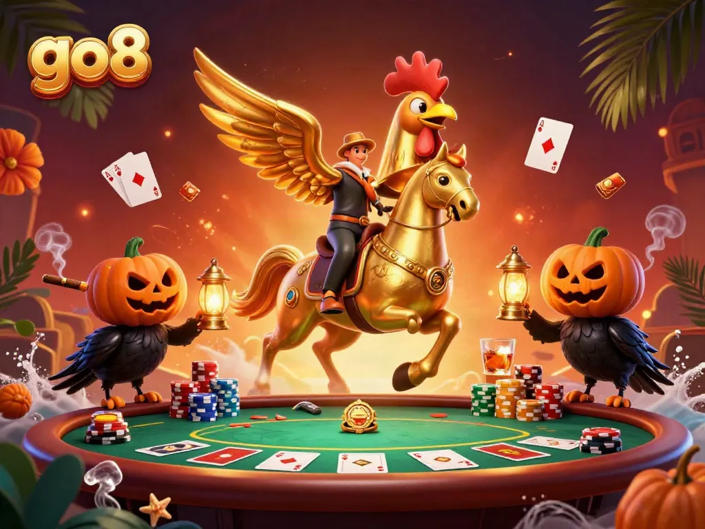 Experience the thrilling go8 casino action with a golden rooster riding a spectral horse amid vibrant gaming elements and characters.