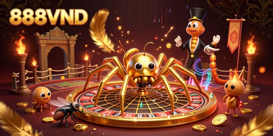 Engage in thrilling casino action with 888VND's dynamic roulette wheel scene featuring a golden spider and unique betting elements.