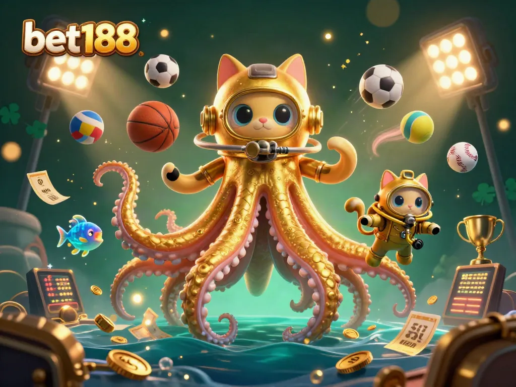 bet188 showcases vibrant sports betting action with a colossal kraken and diving cat in a dynamic 3D illustration.