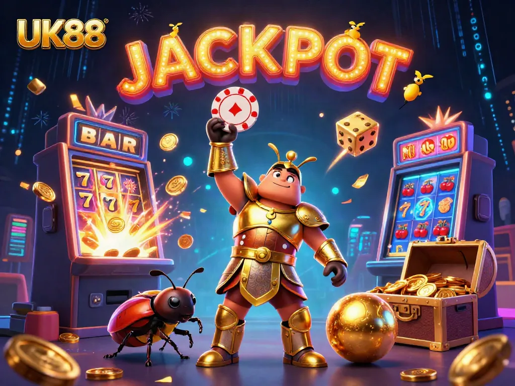 Win big with UK88 as a Hercules beetle celebrates in a vibrant casino scene.