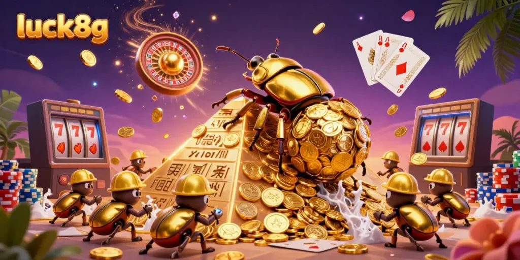 Spin to win at luck8g with captivating golden treasures in a dazzling casino scene.