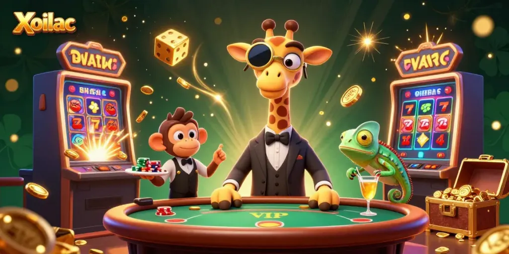 Xoilac offers an exciting casino experience with a vibrant scene of a giraffe at a VIP table, showcasing gambling excitement.