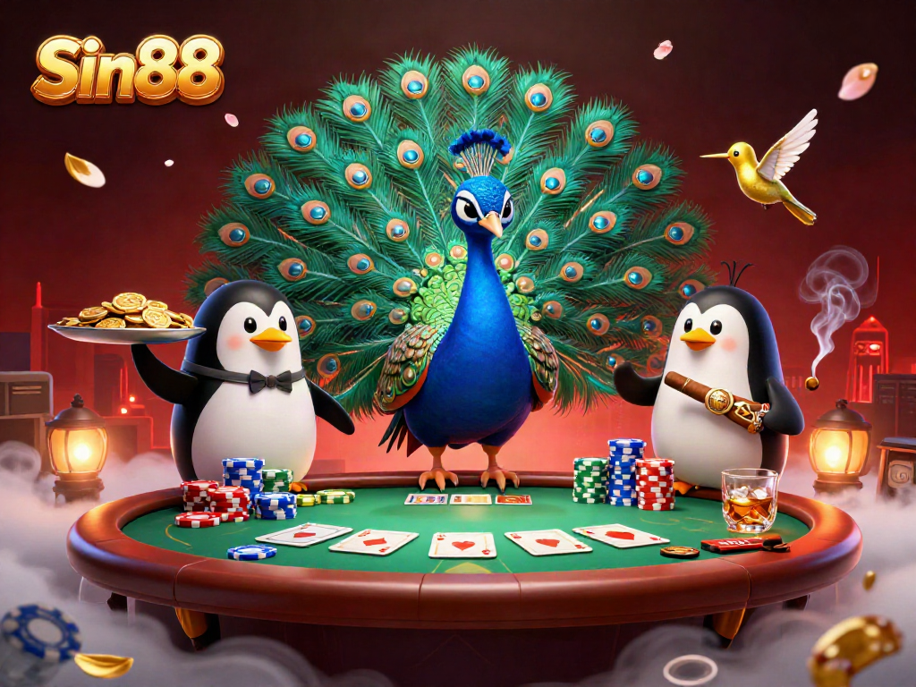 Engage with Sin88's vibrant casino experience featuring a peacock, penguin, and hummingbird amidst colorful poker elements.