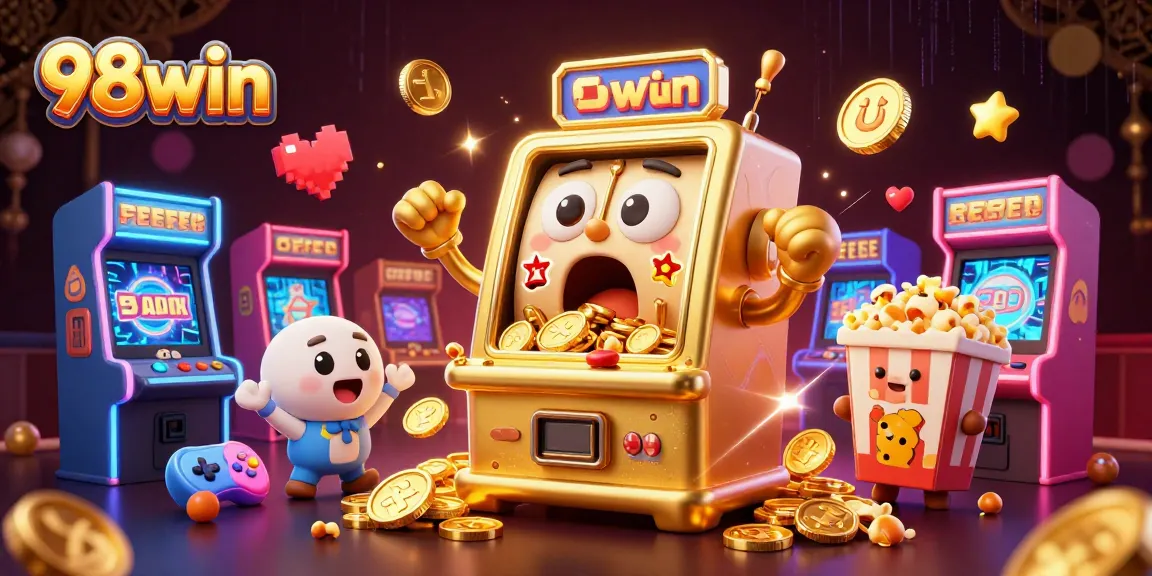 98win slot machine hitting a jackpot with coins pouring out, surrounded by cheering machines.