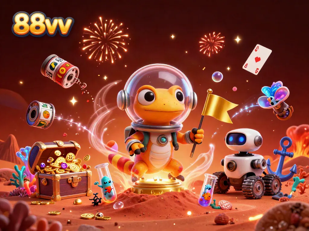 Engage with 88vv's thrilling slot experience in a colorful Martian casino scene