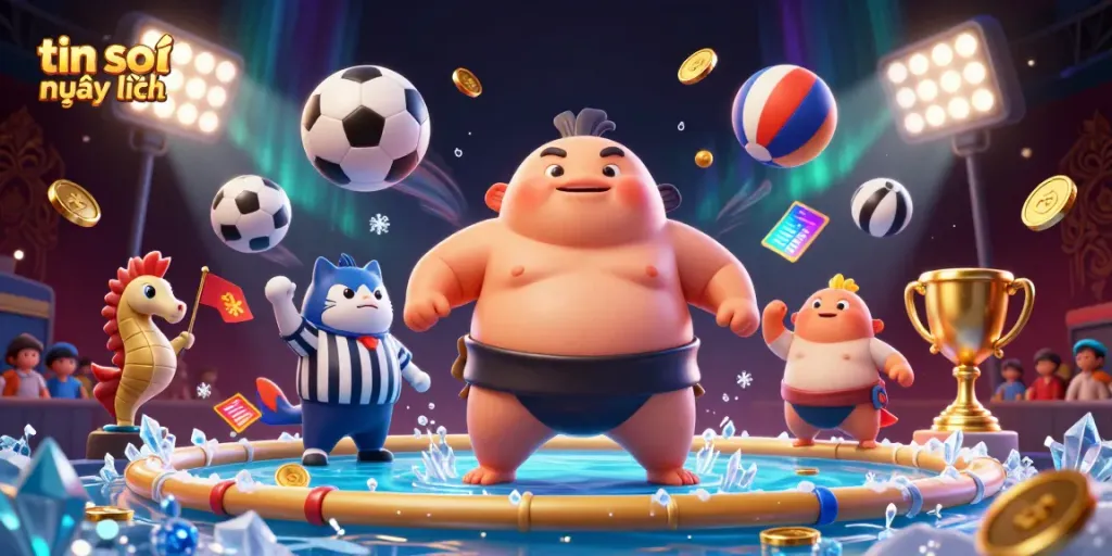 Engaging scene of tin soi kèo mới nhất featuring 3D fugu in a sumo ring with catfish referee and vibrant sports elements.