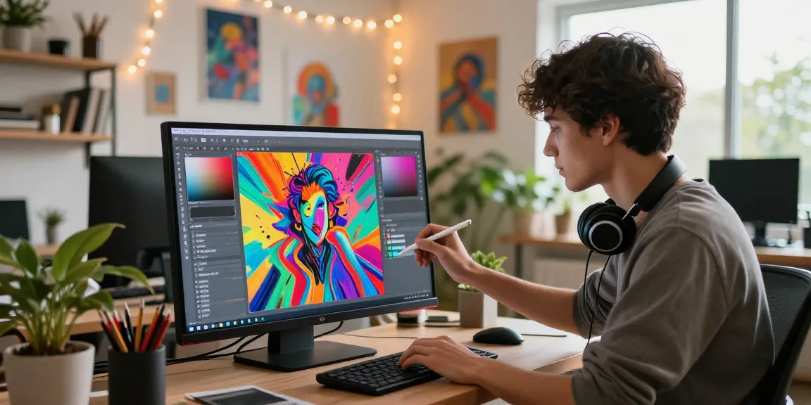 Creative artist producing ai slut-inspired digital art in vibrant studio
