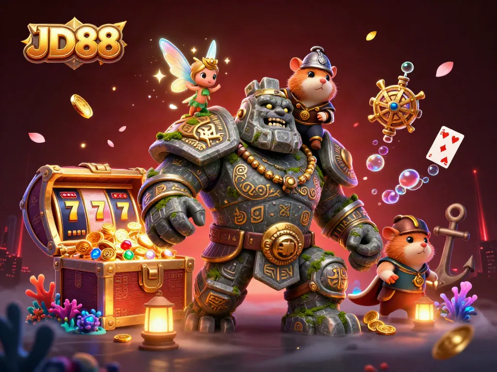 Engage with JD88's thrilling casino experience featuring a golem guardian, treasure, and slot reels.