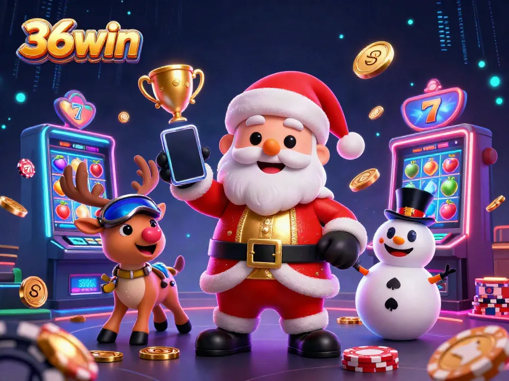 Experience the thrilling world of 36win as Santa and friends celebrate jackpots in a vibrant casino scene.