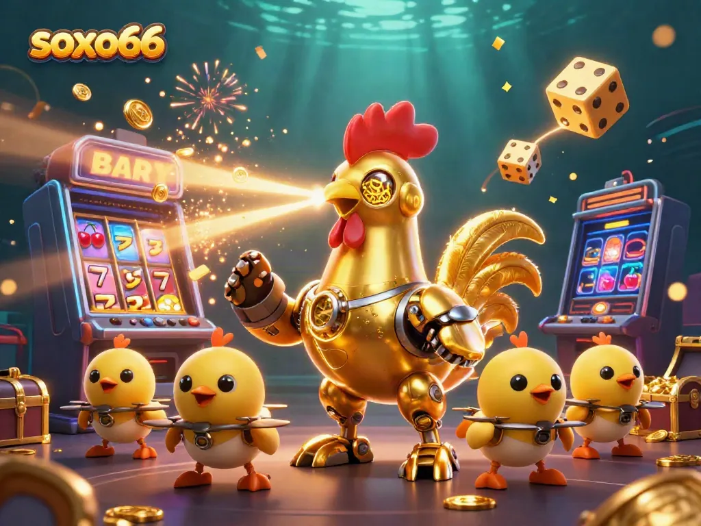 Engage in thrilling gaming action with soxo66 in a vibrant, dynamic casino scene featuring a retro-futuristic rooster robot.