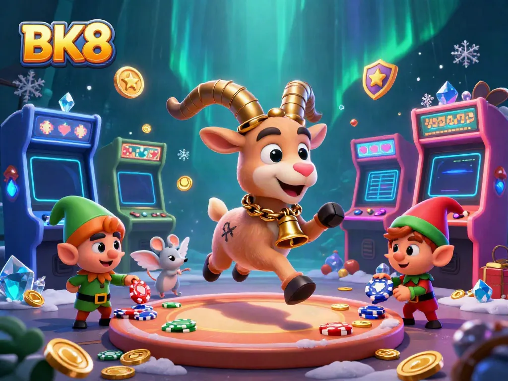 Experience the thrilling BK8 casino adventure featuring a festive Krampus goat managing a chaotic gaming scene.