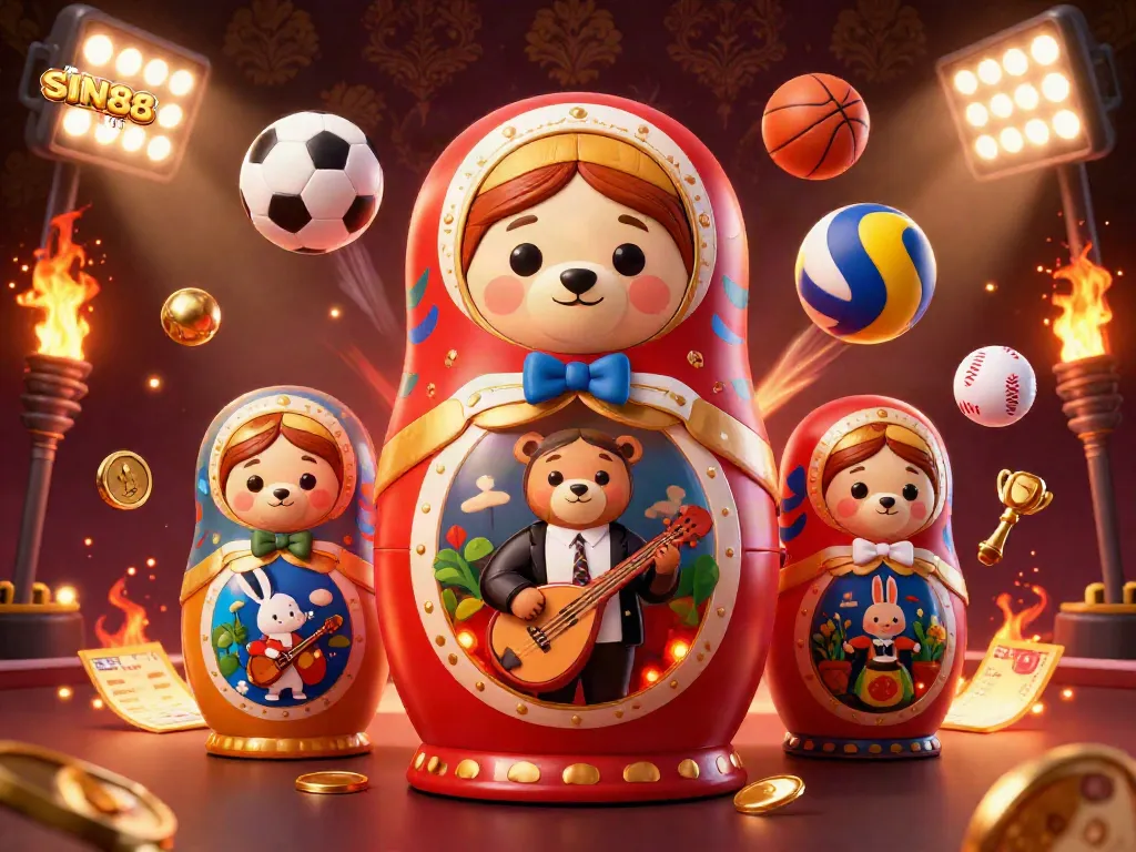 Experience the excitement of SIN88 COM with vibrant casino-themed characters and sports elements in a detailed illustration.