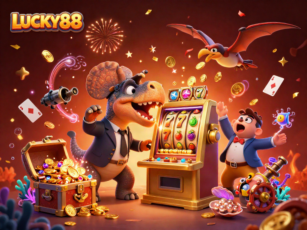 LUCKY88 slot machine jackpot activation by dinosaurs in an engaging casino scene.