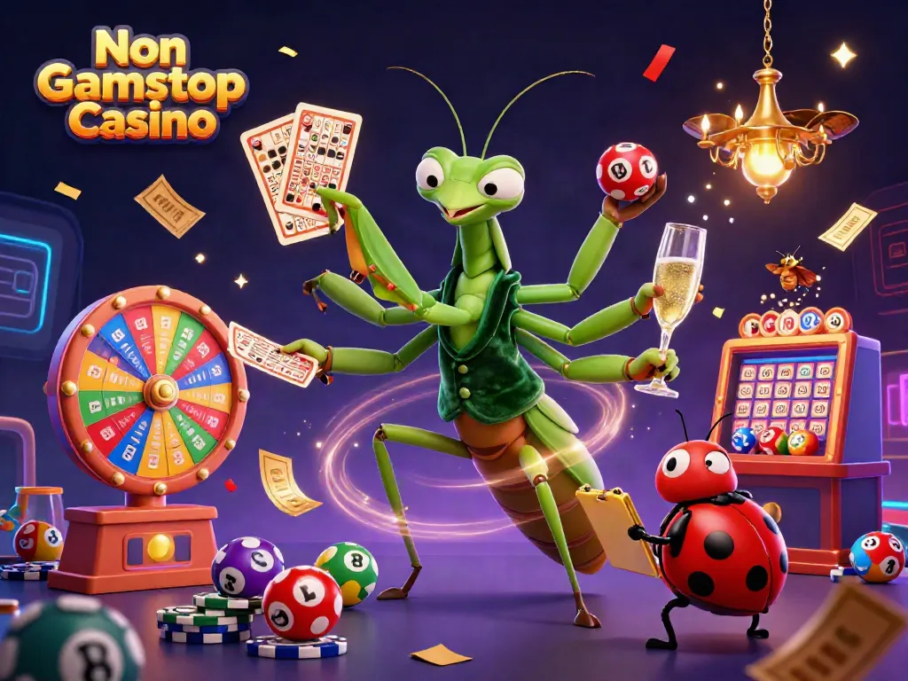 Engaging scene of Non Gamstop Casino featuring a cartoon mantis card sharp, ladybug pit boss, and dynamic casino elements.