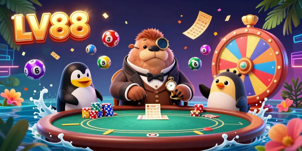 Experience the excitement of LV88 with a jolly walrus and vibrant casino elements in this dynamic underwater scene.