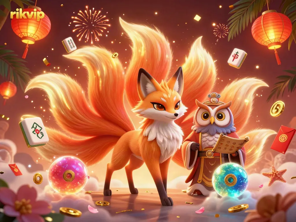 Experience vibrant gaming action at rikvip with stunning 3D visuals, featuring a nine-tailed fox spirit and magical elements.