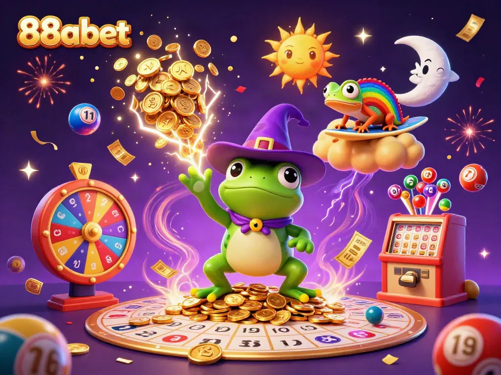 Experience vibrant action in 88abet with a wizard frog and chameleon amid a colorful gambling scene.