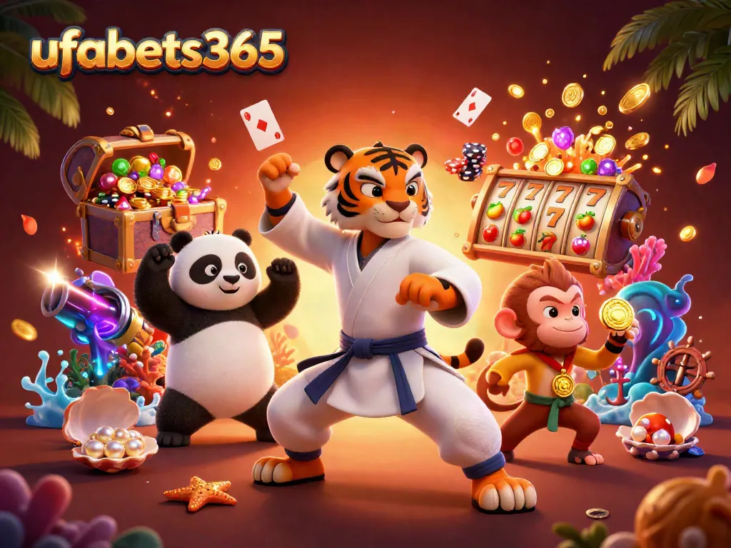 Experience the excitement of ufabets365 with a vibrant 3D illustration of a kung fu tiger and panda amidst casino elements.