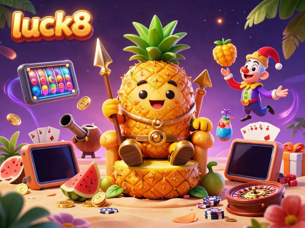 Experience excitement at luck8 with a golden pineapple king and vibrant casino elements surrounding him.