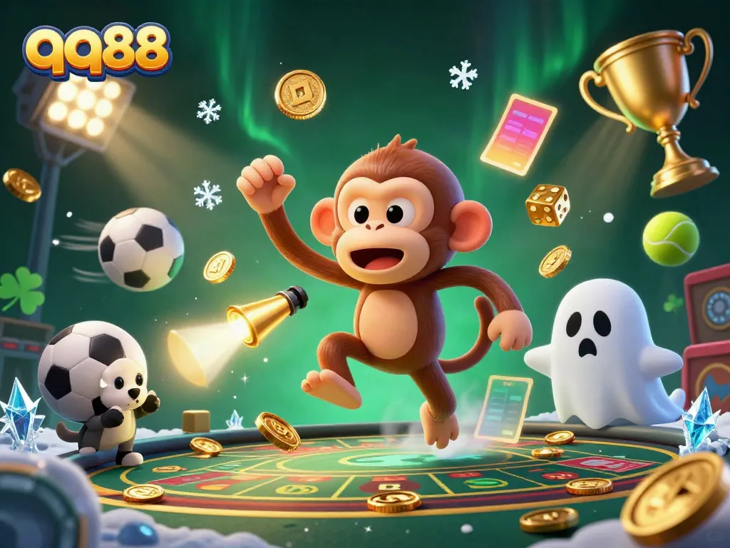 Experience the thrilling atmosphere of qq88 with a playful poltergeist monkey and ghost-hunter puppy in a vibrant casino scene.