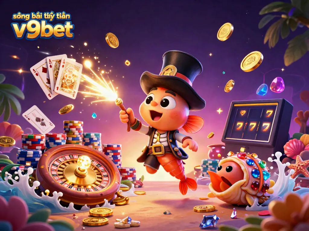 Enhance your gaming with sòng bài trực tuyến v9bet featuring animated casino characters in a vibrant underwater scene
