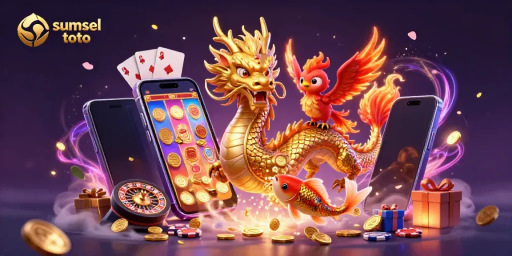 Engage with sumsel toto's vibrant casino experience featuring a dragon, phoenix, and coins.