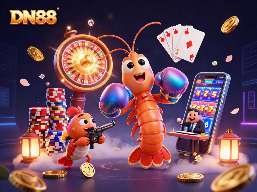 Engage with DN88 as colorful poker chips and golden coins burst with excitement in a thrilling casino scene.