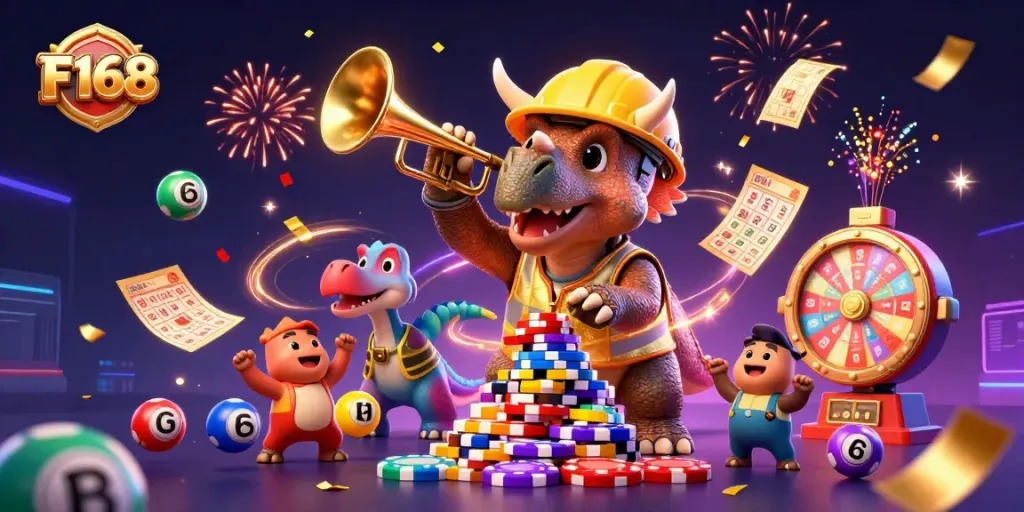F168 brings thrilling moments with a triceratops building poker chip pyramids, celebrating casino wins.