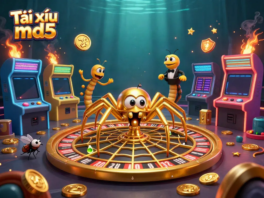 Engaging Tài xỉu md5 scene with a golden spider and croupier in a vibrant casino