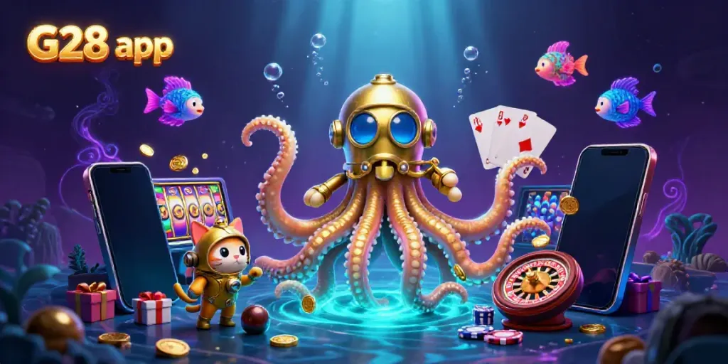 Engage with the G28 app in this vibrant casino-themed scene with a colossal kraken and a diving cat.