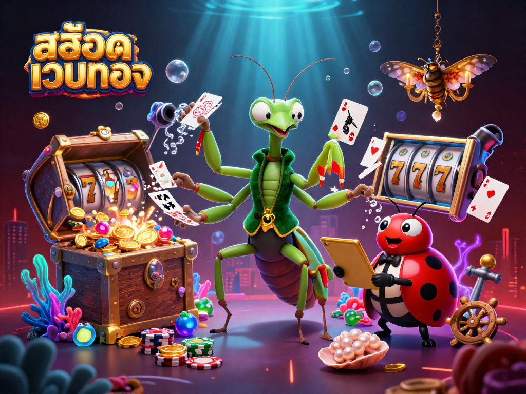 Engage with สล็อตเว็บตรง in this vibrant 3D casino scene showcasing thrilling slot symbols and fun details.