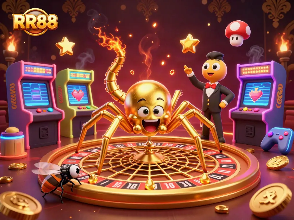 Experience the excitement at RR88 with a golden spider and a roulette wheel, capturing thrilling moments in gambling.