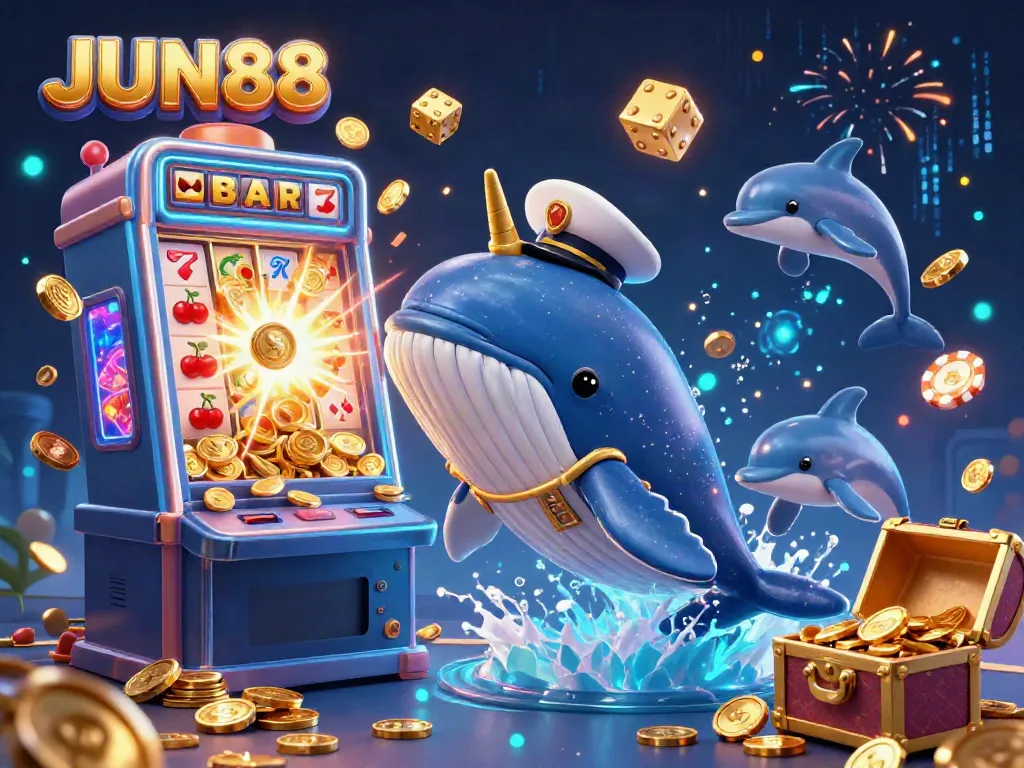 Engage with JUN88's vibrant casino world through a dynamic whale and other sea creatures celebrating winning moments.