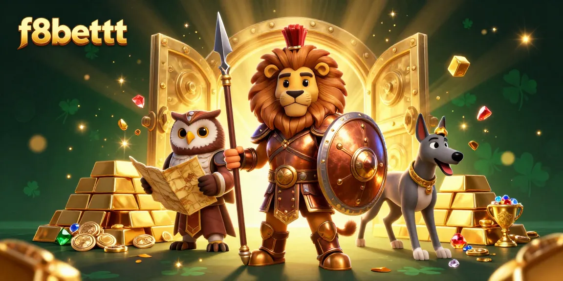 Join the adventure at f8bettt in this thrilling casino scene featuring a Spartan lion, owl strategist, and greyhound messenger.