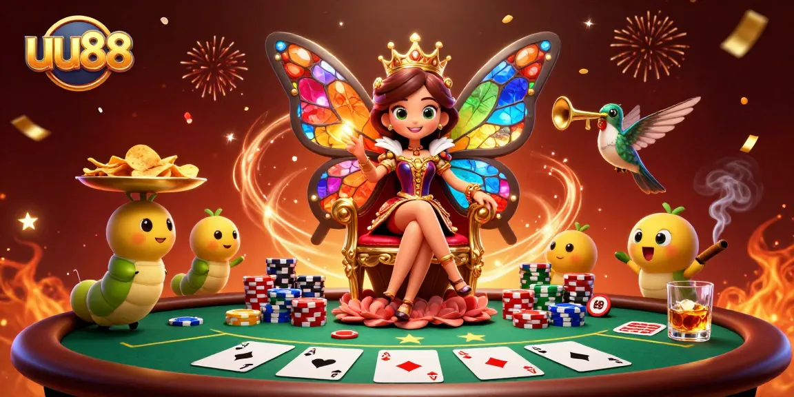 Feel the excitement at uu88 with a queen and caterpillars serving poker chips in a vibrant casino!