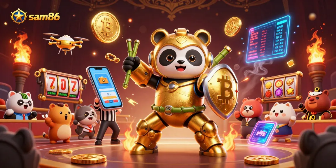 Experience thrilling gaming at sam86 with a golden panda in a mech-suit amidst slot reels and crypto elements.